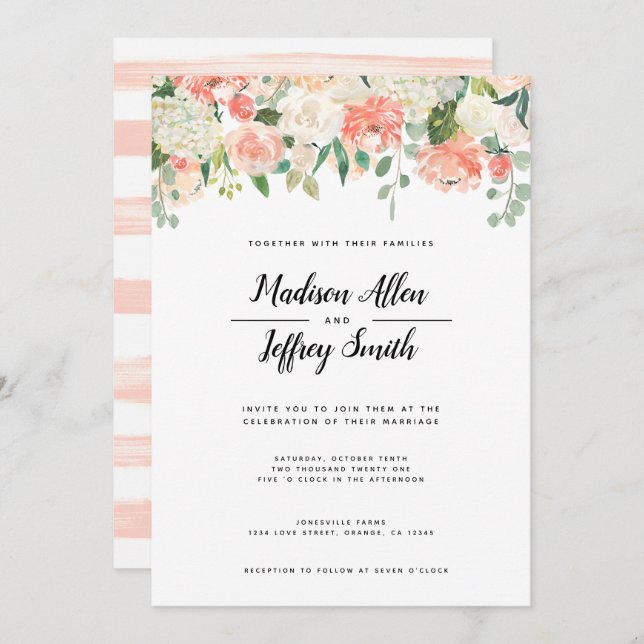 Peach & Blush Flowers Wedding Invitation (Front/Back)