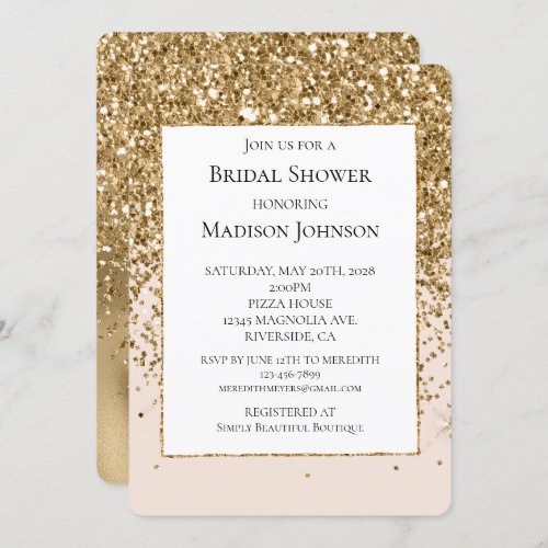 Peach Blush Glam Gold Glitter Bridal Shower Invitation