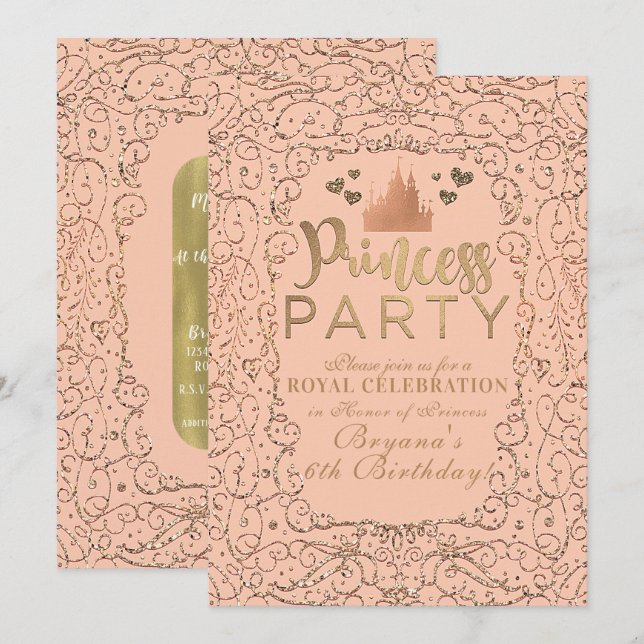Peach Blush Gold Castle PRINCESS PARTY Birthday Invitation (Front/Back)