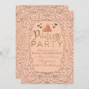 Peach Blush Gold Castle PRINCESS PARTY Birthday Invitation