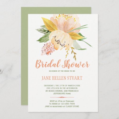 Peach blush gold green spring floral bridal shower invitation