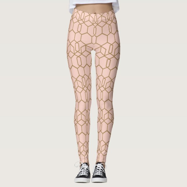 Peach Blush & Gold Modern Boho Geometric Glam Leggings (Front)