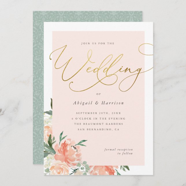 Peach Blush & Gold Script Floral Wedding Invitation (Front/Back)