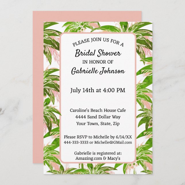 Peach Blush Green Palm Tree Summer Shower Party Invitation (Front/Back)