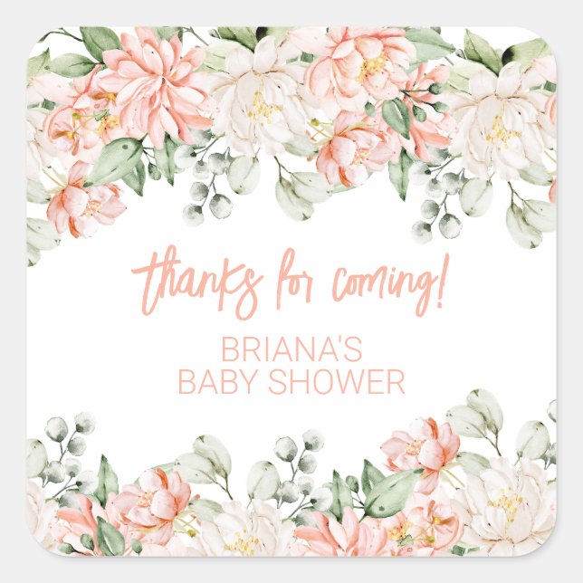 Peach Blush Ivory Baby Shower Favors Square Sticker (Front)