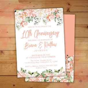 Peach Blush Ivory Floral 10th Wedding Anniversary Invitation