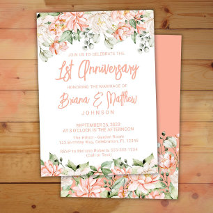 Peach Blush Ivory Floral 1st Wedding Anniversary Invitation