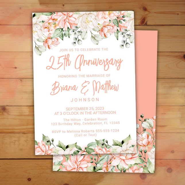 Peach Blush Ivory Floral 25th Wedding Anniversary  Invitation (Creator Uploaded)