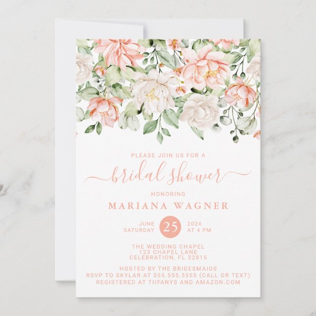 Peach Blush Ivory Floral Bridal Shower Invitation (Front)