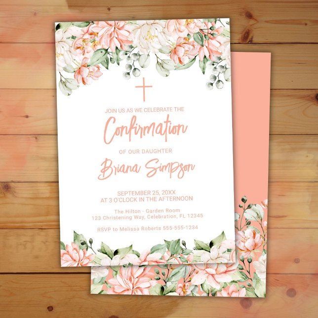 Peach Blush Ivory Flowers Floral Confirmation Invitation (Creator Uploaded)
