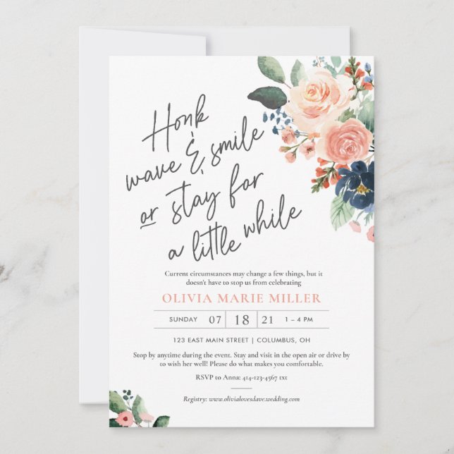Peach Blush Navy Bridal Shower Invitation Drive-By (Front)