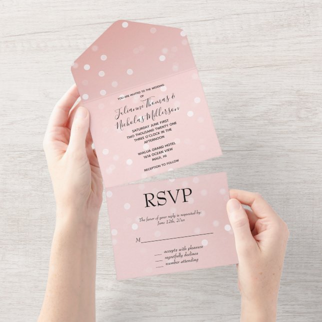 Peach Blush Ombre Confetti Bokeh All In One Invitation (Tearaway)
