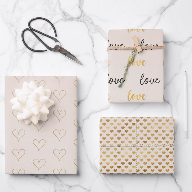 Peach Blush Ombre Gold Glitzy Heart Wrapping Paper Sheets (Front)