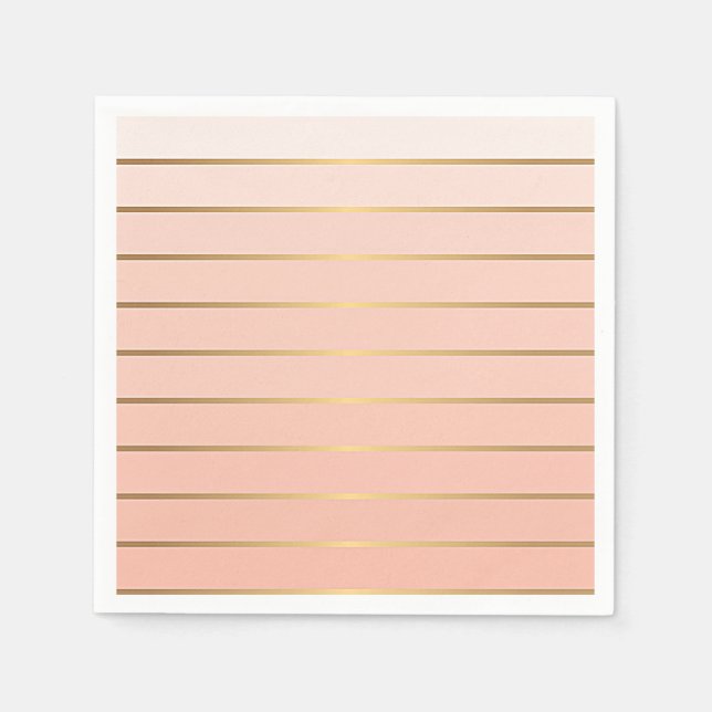 Peach Blush Ombre & Gold Stripe Paper Napkins (Front)