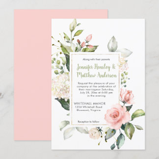Peach Blush Pink and White Roses Frame Wedding Invitation