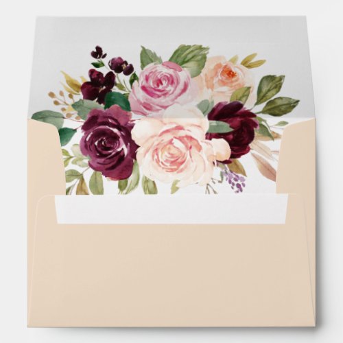 Peach Blush Pink Burgundy Gold Floral Boho Wedding Envelope