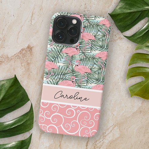 Peach Blush Pink Flamingoes Palm Leaves Pattern iPhone 15 Pro Max Case