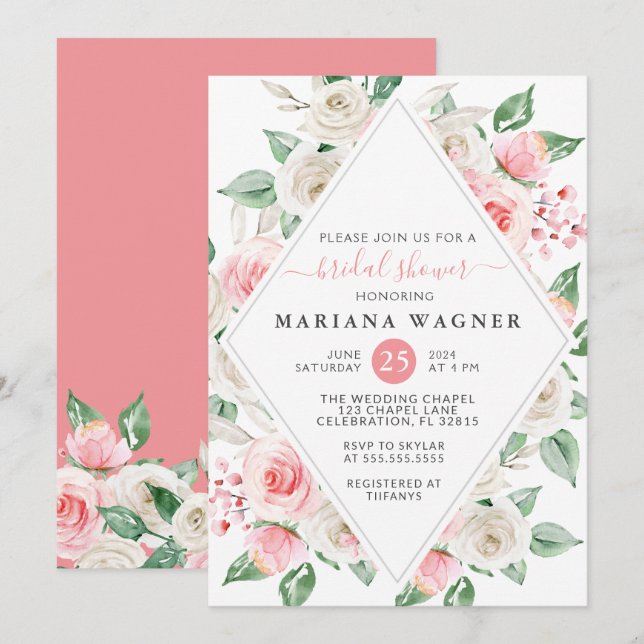 Peach Blush Pink Floral Bridal Shower Invitation (Front/Back)