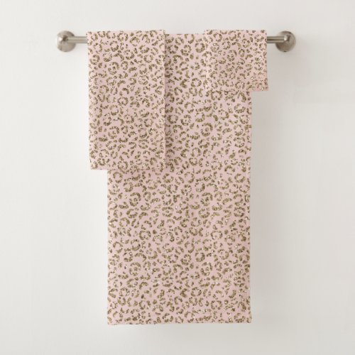 Peach Blush Pink Glitter Gold Leopard Print     Bath Towel Set