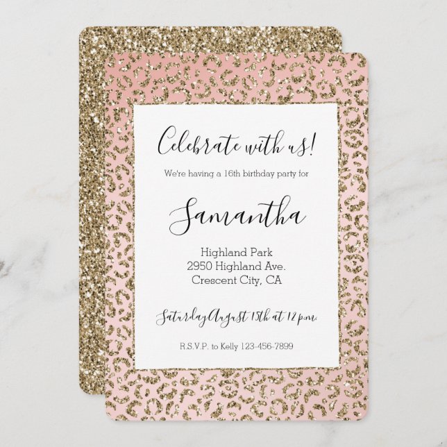 Peach Blush Pink Glitter Gold Leopard Print Invitation (Front/Back)