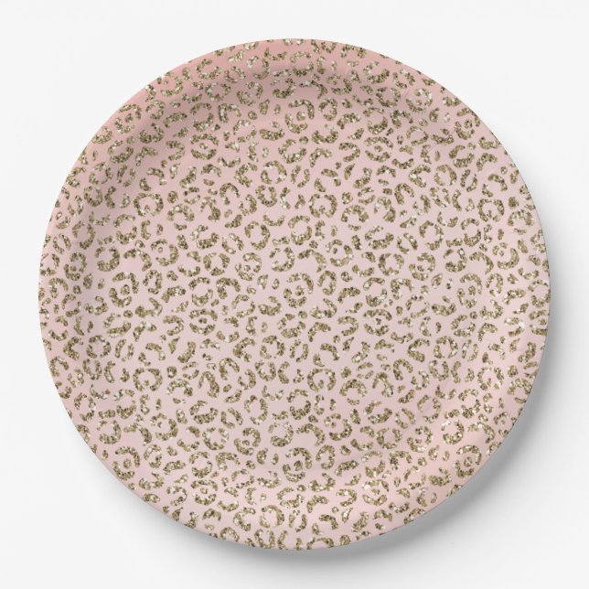 Peach Blush Pink Glitter Gold Leopard Print        Paper Plates (Front)