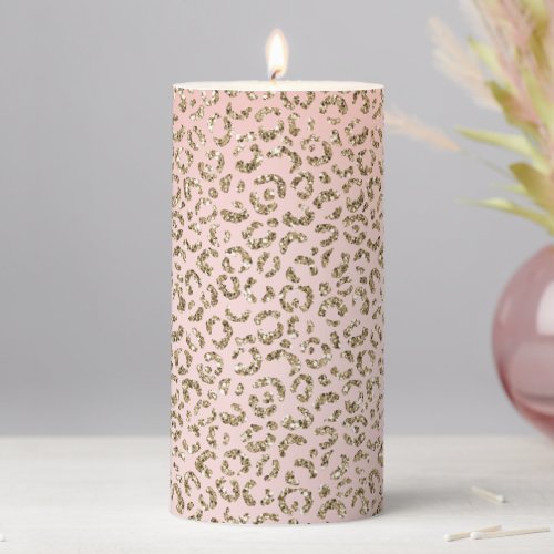 Peach Blush Pink Glitter Gold Leopard Print     Pillar Candle