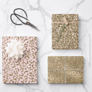 Peach Blush Pink Glitter Gold Leopard Print Wrapping Paper Sheets