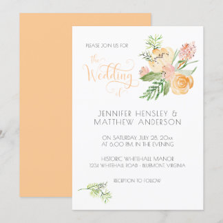 Peach Blush Pink Gold Watercolor Floral Wedding | Invitation