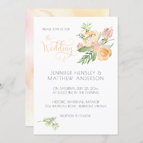 Peach Blush Pink Gold Watercolor Flowers Wedding  Invitation