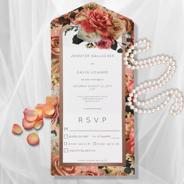 Peach Blush & Pink Rustic Roses Dinner All In One Invitation (Creator Uploaded)