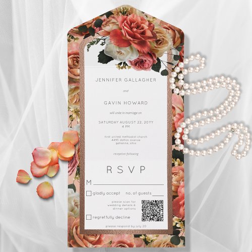 Peach Blush  Pink Rustic Roses QR Code All In One Invitation
