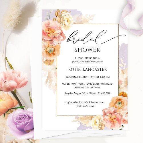 Peach Blush Purple Floral Bridal Shower Brunch Invitation