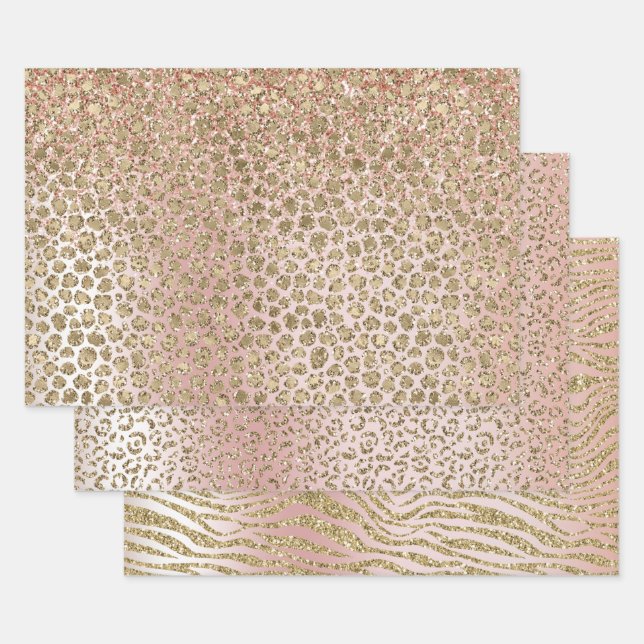 Peach Blush Rose Gold Glitter Animal Prints Wrapping Paper Sheets (Set)