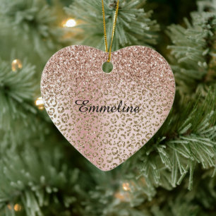 Peach Blush Rose Gold Glitter Leopard Print Name Ceramic Ornament
