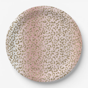 Peach Blush Rose Gold Glitter Leopard Print Paper Plates