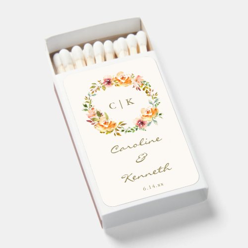Peach Blush Rose Wreath Monogram Boho Wedding Matchboxes