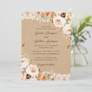 Peach Blush Rustic Botanical Floral Lace Wedding Invitation