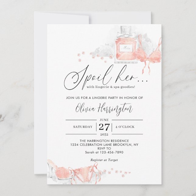 Peach Blush Spoil Her Lingerie Bridal Shower Invitation (Front)
