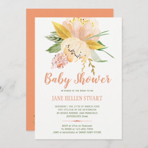 Peach blush spring floral bouquet baby shower invitation