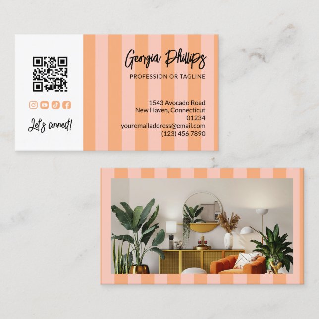 Peach Blush Stripes QR Code Photo Social Media Business Card (Front/Back)