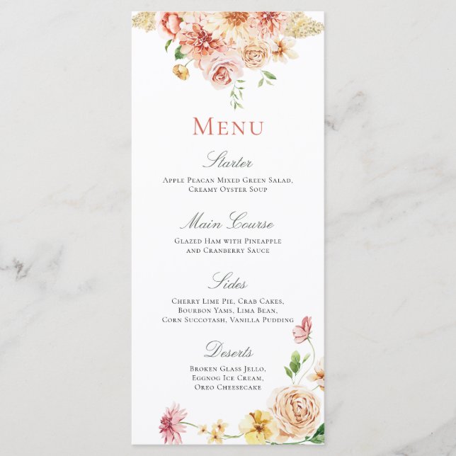 Peach Blush Summer Floral Romantic Bridal Shower Menu (Front)