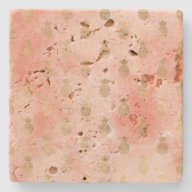 Peach Blush Tropical Gold Pineapples       Stone Coaster (Front)