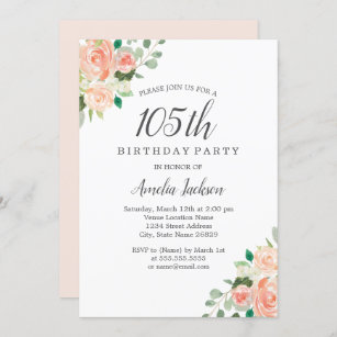 Peach Blush Watercolor Floral 105th Birthday Party Invitation