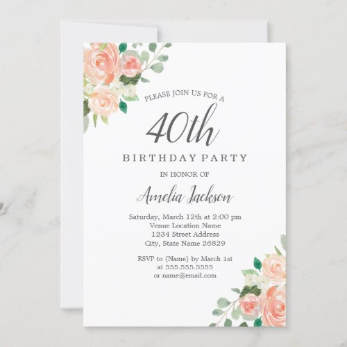 Peach Blush Watercolor Floral 40th Birthday Party Invitation