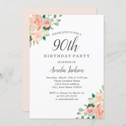 Peach Blush Watercolor Floral 90th Birthday Party Invitation