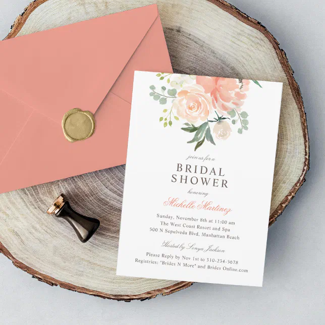 Peach Blush Watercolor Floral Bridal Shower Invitation | Zazzle
