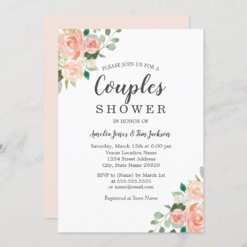 Peach Blush Watercolor Floral Couples Shower Invitation