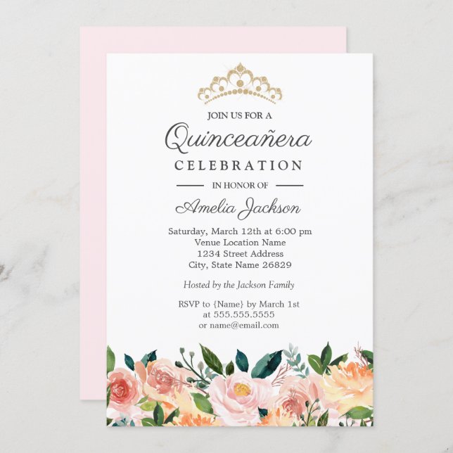 Peach Blush Watercolor Floral Quinceanera Invitation (Front/Back)