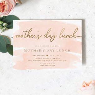 Peach Blush Watercolour Gold Mother's Day Lunch Invitation