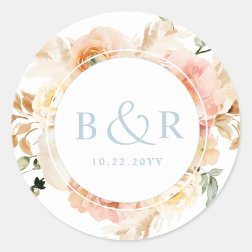 Peach Blush with Blue Wedding Envelope  Favor Classic Round Sticker